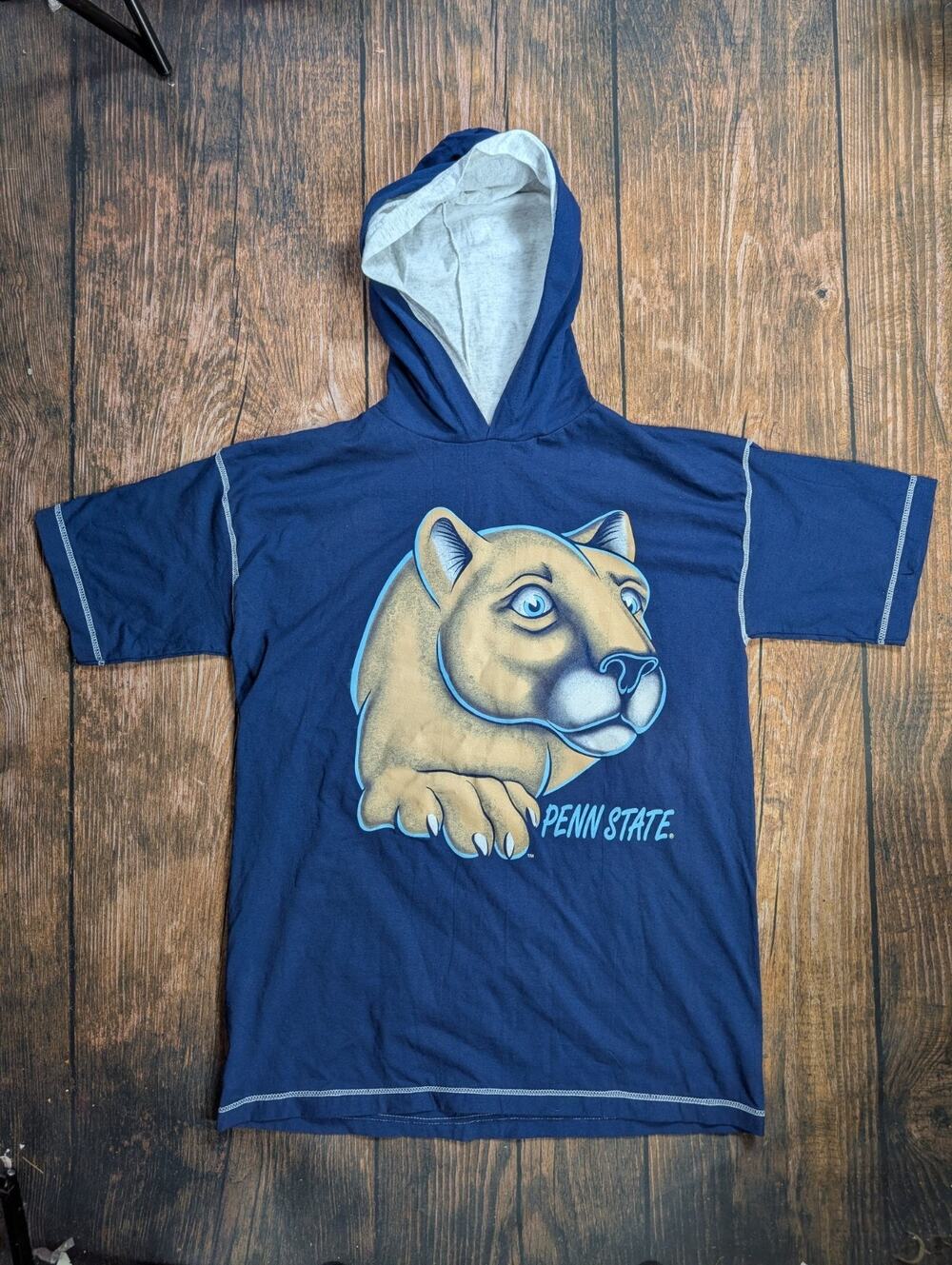 Vtg 90s Penn State Nittany Lions Big Print Double Hood Blue XL T-Shirt Savvy USA